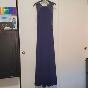Navy blue dress with a mesh back and beading